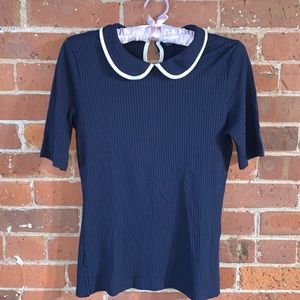 Marks and Spencer Ribbed Collared Keyhole Button Back Navy w White detail Blouse